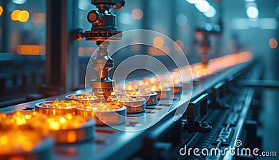 AI-driven quality control system inspects products on assembly line. Automated inspection identifies defects in real-time. Modern Stock Photo