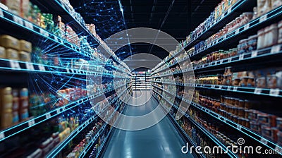 AI driven retail analytics optimize product placement, inventory management. Modern grocery store aisle. Digital network overlays Stock Photo