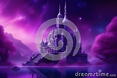 Ai enchanting fortress stands tall in a surreal cosmic landscape with purple castle Stock Photo