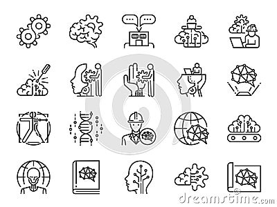 AI engineer line icon set. Included icons as artificial intelligence, robotics, machine learning, robot, automation, humanoid and Vector Illustration