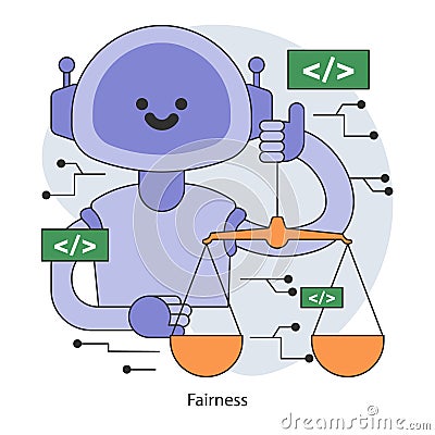 AI ethics concept. Robot balanced scales, unbiased algorithmic fairness Vector Illustration