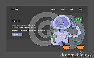 AI ethics dark or night mode web, landing. Robot balanced scales, unbiased Vector Illustration