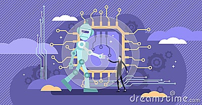 AI ethics vector illustration. Flat tiny robot intelligence behavior perception logic. Vector Illustration