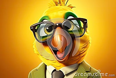 Feathers of Finance: 3D-Generated Parrot Embracing the Business Look on Golden Gradient Background Stock Photo