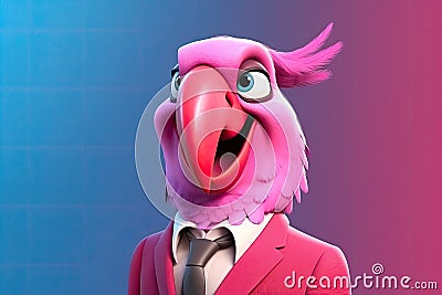 Feathers of Finance: 3D-Generated Parrot Embracing the Business Look on Pink Gradient Background Stock Photo