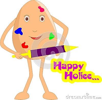 Funny Indian Themed egg cartoon is playing Holi Indian Festival and saying Happy Holi. Vector Illustration. Vector Illustration