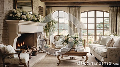 Frechn Country home interior living room, rural regions of France,light colors, rustic furniture, Toile-de-Jouy items Stock Photo