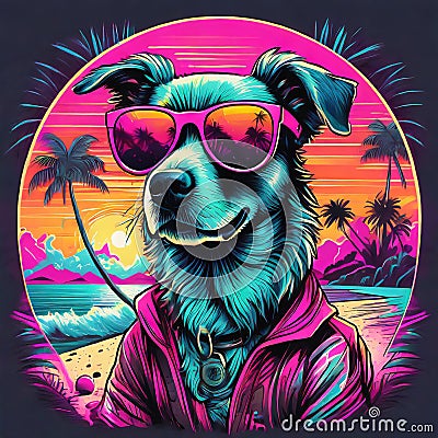 AI generate Firefly T-shirt design of a dog wearing sunglasses with a tropical beach, in the stAyle of neon halluA Stock Photo