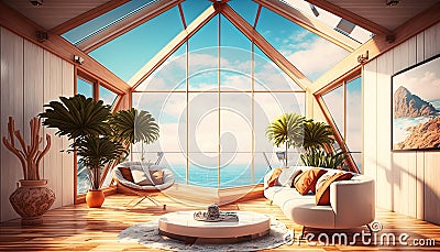 Ai generate Minimal room open door terrace to wind sofa living room at to seaview high beautiful Landscape Stock Photo