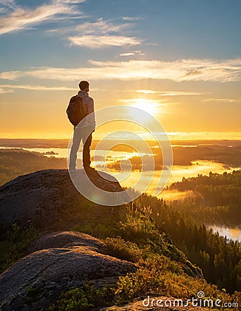 A man on the top of a hill feeling hope, strength, and motivation Stock Photo