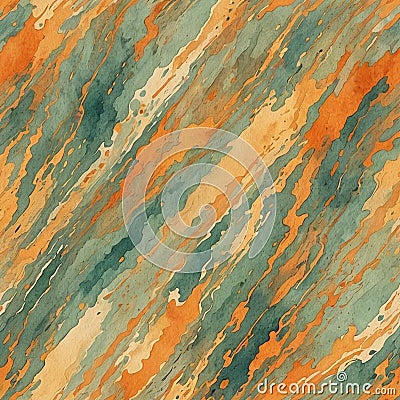 Abstract background of not uniform orange and green watercolored pattern, brushed texture, small sparse casual diagonal ripples Stock Photo
