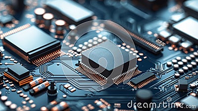 Abstract circuitry technology of electronic computer hardware on a background of circuit board Stock Photo