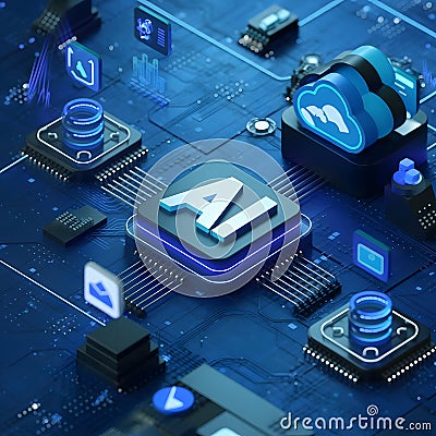 Abstract Futuristic Rendering with AI Brain and Neural Network Stock Photo