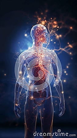 abstract illustration of a transparent human body with internal organs and visualization of neural energy Cartoon Illustration