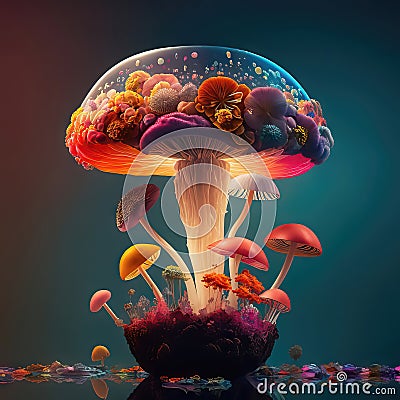 AI generated abstract multicolored composition, giant mushroom in shape of colourful flowers Stock Photo