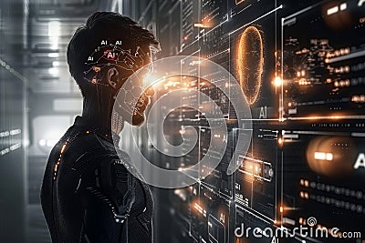 AI powered humanoid robot with digital interface, futuristic technology, artificial intelligence integration, cybernetic innova Stock Photo