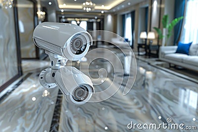 Integrate advanced lighting, smart cameras, and CCTV into a reliable network with security alarms using wireless protocols. Cartoon Illustration
