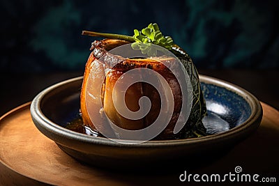 AI generated appetizing lechon spit-roasted pig in a dark green bowl Stock Photo