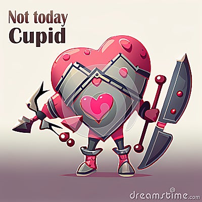 AI generated armored cute heart character protects himself Using Shields For Selfdefense. Not today Cupid. AI generated Stock Photo