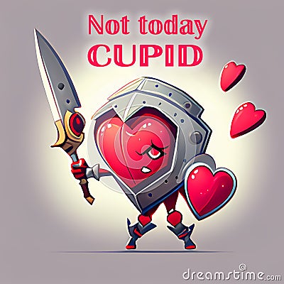 AI generated armored cute heart character protects himself Using Shields For Selfdefense. Not today Cupid. AI generated Stock Photo