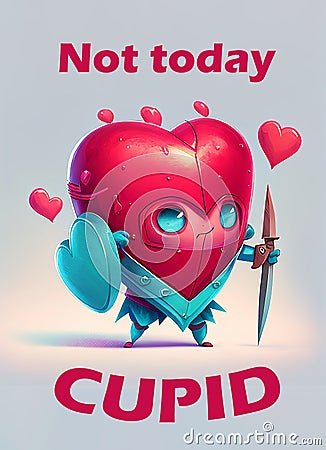 AI generated armored cute heart character protects himself Using Shields For Selfdefense. Not today Cupid Stock Photo