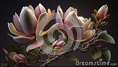 AI Generated art Beautiful saucer magnolia leaves flowers Stock Photo