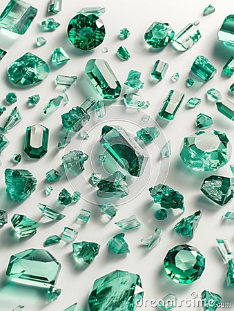 Ai Generated Different Shape And Form Emeralds Saphire Stones Thrown on A White BAckground Flatlay View Stock Photo