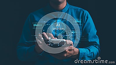 AI generated artificial intelligence chatbot, humans use AI technology enter command prompt for generate, Business person chatting Stock Photo