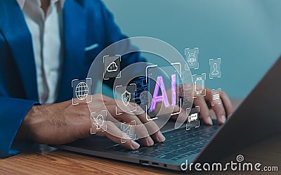 AI generated artificial intelligence chatbot, humans use AI technology enter command prompt for generate, Business person chatting Stock Photo