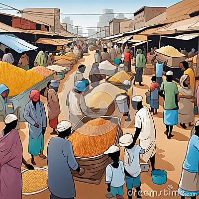 AI generated artwork of a crowded market place in a village Stock Photo