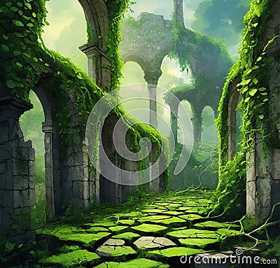 AI generated artwork depicting of green creepers and ferns cover in the premises of ancient ruins Stock Photo