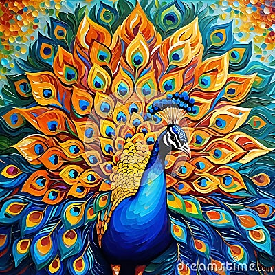 AI generated artwork showcasing a blue peacock with vividly colourful spread of wings Stock Photo