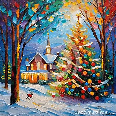 AI generated artwork showcasing a colorful Christmas Tree alongwith a reindeer and a house in the backdrop of a snowclad landscape Stock Photo