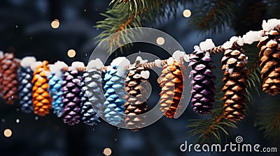 AI generated. Beautiful Christmas tree decorations in the shape of pine cones, painted in purple. Stock Photo
