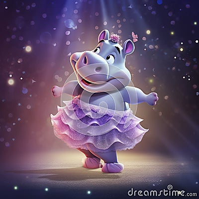 AI generated, Beautiful illustration of a cute adorable hippopotamus dancing on the stage, doing ballet. Pixar style character Cartoon Illustration