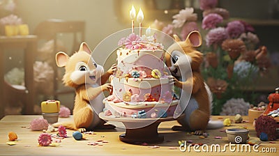 AI generated, Beautiful illustration of cute adorable squirrels decoration a huge birthday cake in the kitchen. Cartoon Illustration