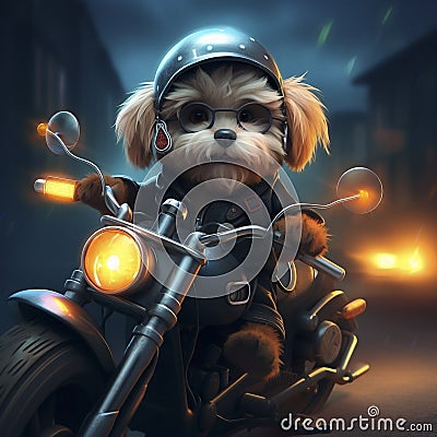 AI generated, Beautiful illustration of a tough looking dog riding a motorcycle. Pixar style character. Sweet dog riding Cartoon Illustration