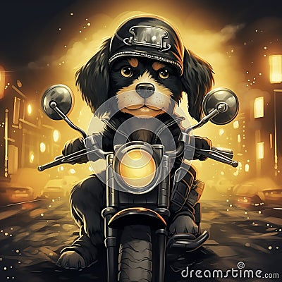 AI generated, Beautiful illustration of a tough looking dog riding a motorcycle. Pixar style character. Sweet dog riding Cartoon Illustration