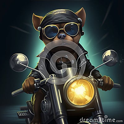 AI generated, Beautiful illustration of a tough looking dog riding a motorcycle. Pixar style character. Sweet dog riding Cartoon Illustration