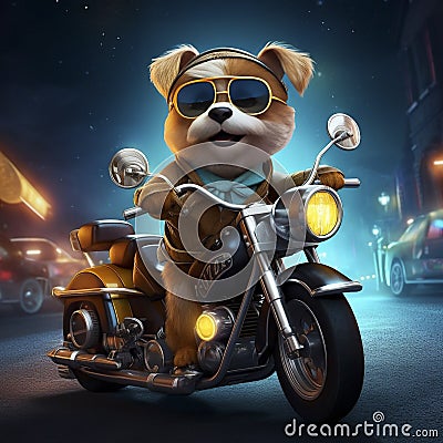 AI generated, Beautiful illustration of a tough looking dog riding a motorcycle. Pixar style character. Sweet dog riding Cartoon Illustration