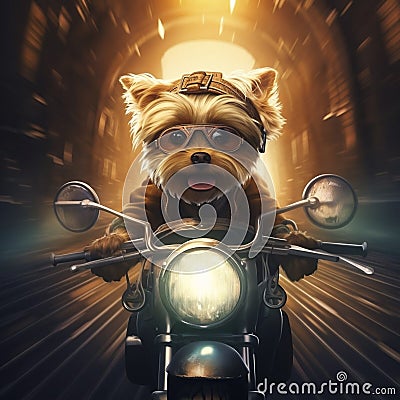 AI generated, Beautiful illustration of a tough looking dog riding a motorcycle. Pixar style character. Sweet dog riding Cartoon Illustration