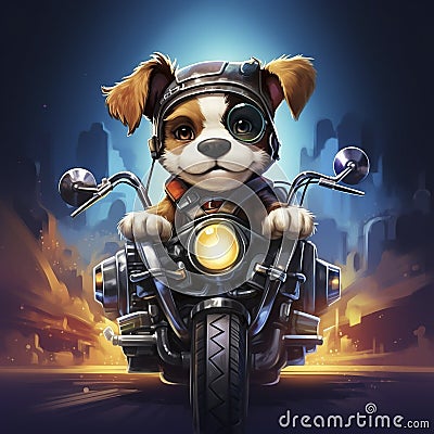 AI generated, Beautiful illustration of a tough looking dog riding a motorcycle. Pixar style character. Sweet dog riding Cartoon Illustration