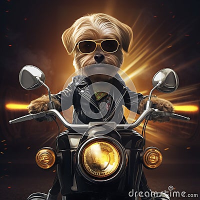 AI generated, Beautiful illustration of a tough looking dog riding a motorcycle. Pixar style character. Sweet dog riding Cartoon Illustration