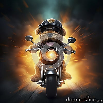 AI generated, Beautiful illustration of a tough looking dog riding a motorcycle. Pixar style character. Sweet dog riding Cartoon Illustration