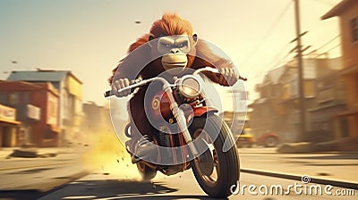 AI generated, Beautiful illustration of a tough looking monkey riding a motorcycle. Pixar style character.High speed motorbike Cartoon Illustration