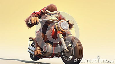 AI generated, Beautiful illustration of a tough looking monkey riding a motorcycle. Pixar style character.High speed motorbike Cartoon Illustration