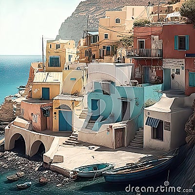 AI generated Beautiful view of the colorful houses on the island of Santorini Stock Photo