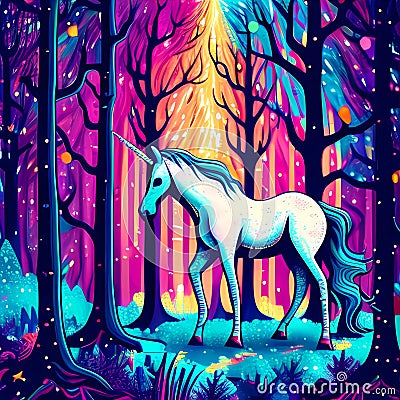 Whimsical Unicorn in Fantasy Forest, Made with Generative AI Stock Photo