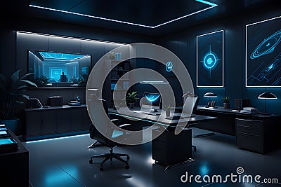 Ai generated blue neon workspace with modern facilities in the building Stock Photo