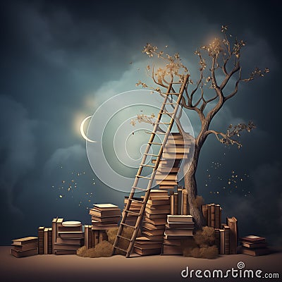 AI generated books ladder and tree education Cartoon Illustration